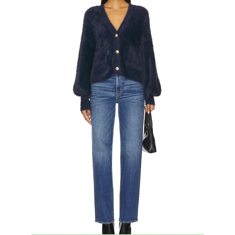 NWT L'Agence Harriet Fuzzy Knit Blouson Sleeve Cardigan Size L Indigo #3C509 - Picture 4 of 12